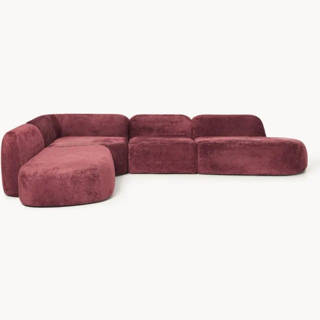Westwing Collection XL modulaire teddy bouclé hoekbank Wolke (4-zits) met chaise longue wijnrood