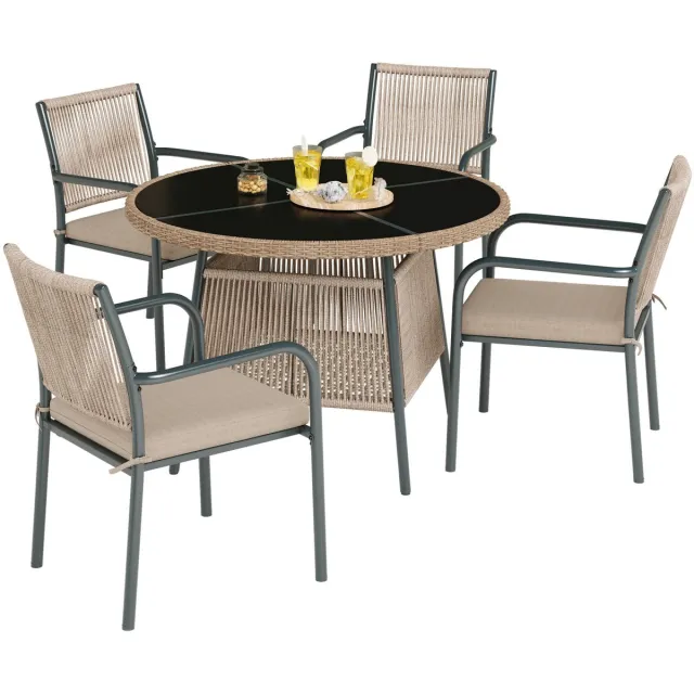 Clruro Tuinset - 4 Personen - Ronde Glazen Tafel en 4 Stoelen - Geschikt voor Terras - Rattan - Naturel Grijs