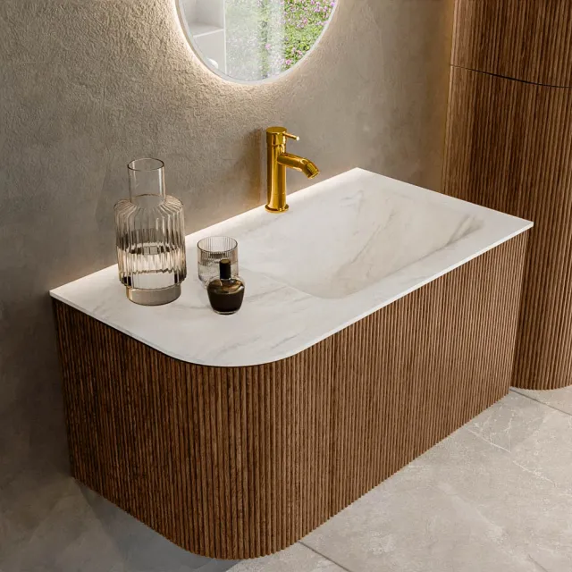 Mondiaz KURVE-DLUX 85 cm Onderkast Greeploos 1 Lade Met Deuren Walnut, Wastafel Solid Surface Rechts Ostra 1 Kraangat Zonder Spiegel (KRVCLO85L1L1D1KR-Wal/Ost)