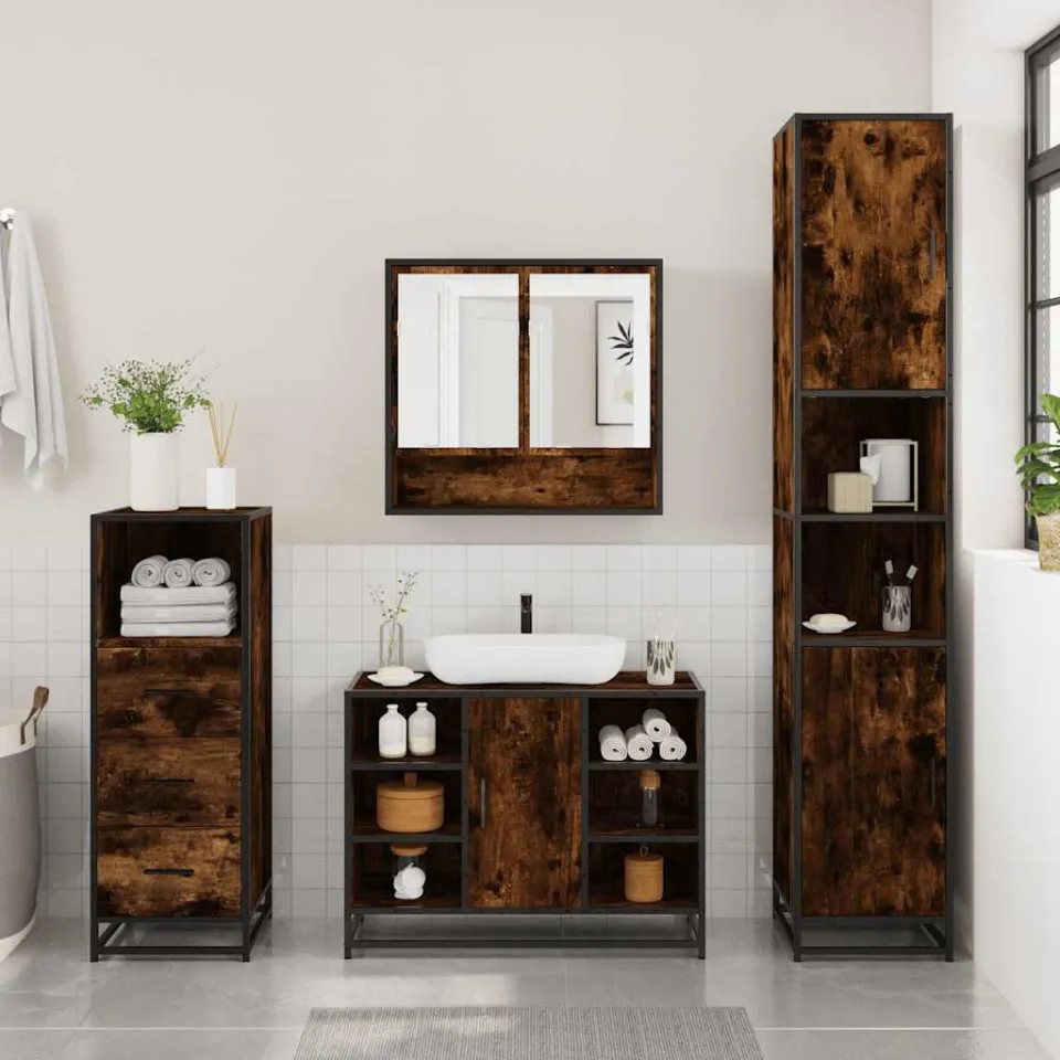 vidaXL 3-delige Badkamermeubelset bewerkt hout gerookt eikenkleurig, foto 4