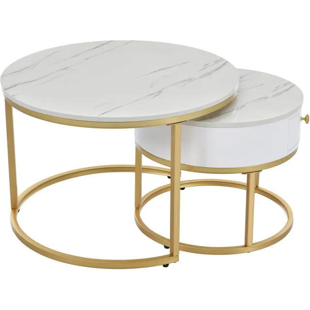 Ropilly Ronde Salontafel Set van 2 - Nesting Salontafel met Hoogglans Marmerlook - Ruimtebesparend - Woonkamer - Wit Glans Wit