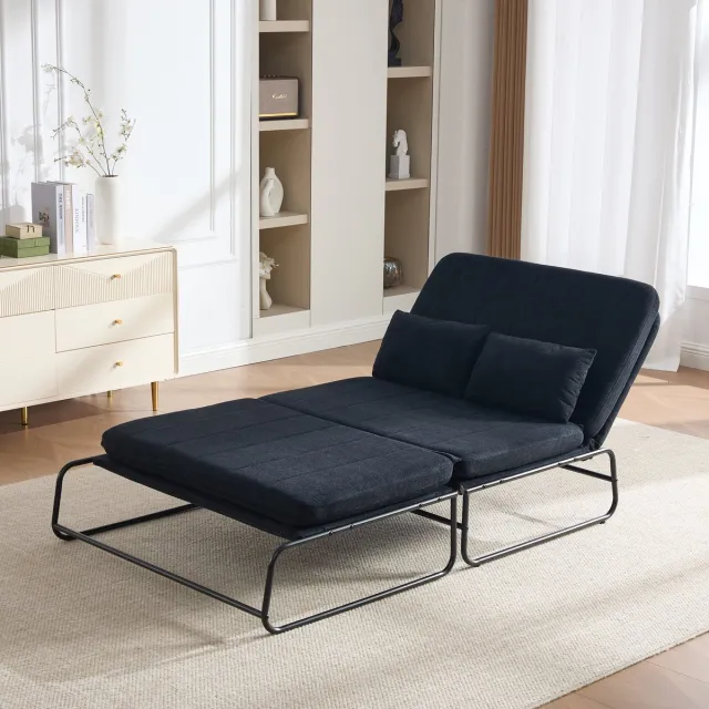 REDOM Slaapbank - 2-zits met metalen frame - Opvouwbaar tot bed - Zijvakken - Industrieel - Woonkamer, homeoffice en logeerkamer - Chenille - Zwart - 104 x 85 x 92 cm