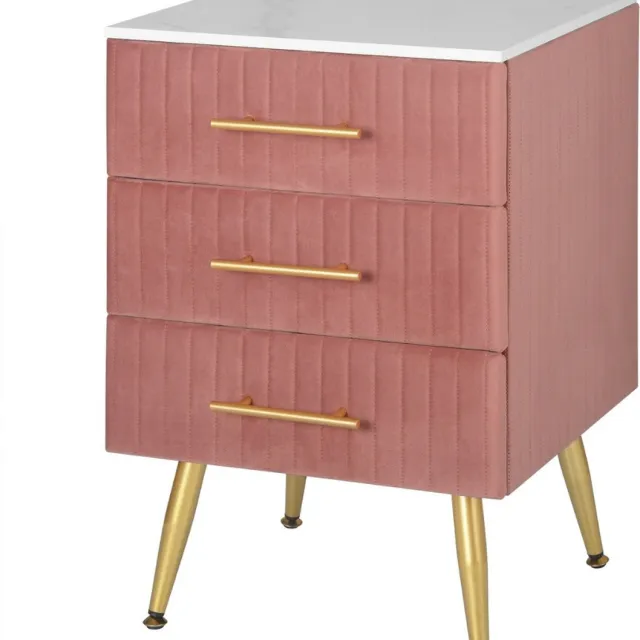 LooMar Luxe Nachtkastje - Bijzetkast - voor slaapkamer - roze - Met Drie Lades - Gouden Details