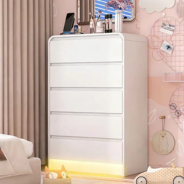SHOPENTRA Commode met 5 Lades – Wit Dressoir met LED-Verlichting, Greeploos Design en Anti-Kantelbeveiliging