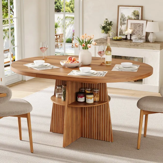 HAUSS SPOLE Uitschuifbare Eettafel - Ronde Tafel Met Opbergplank - Voor Keuken En Eetkamer - MDF - 110-150x110x77,5 Cm - Walnoot