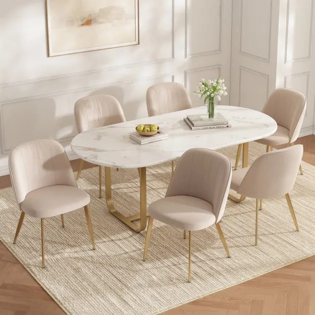 KOMHTOM BLACKCOLORS 6 eetkamerstoelen, comfortabel en ademend, geschikt voor eetkamer, woonkamer, cafés enz., moderne stijl, fluwelen stof, beige en goudkleurig