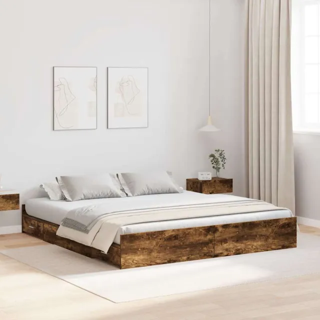vidaXL Opbergbedframe met lade Gerookt eiken 200 x 200 cm Bewerkt hout Bruin