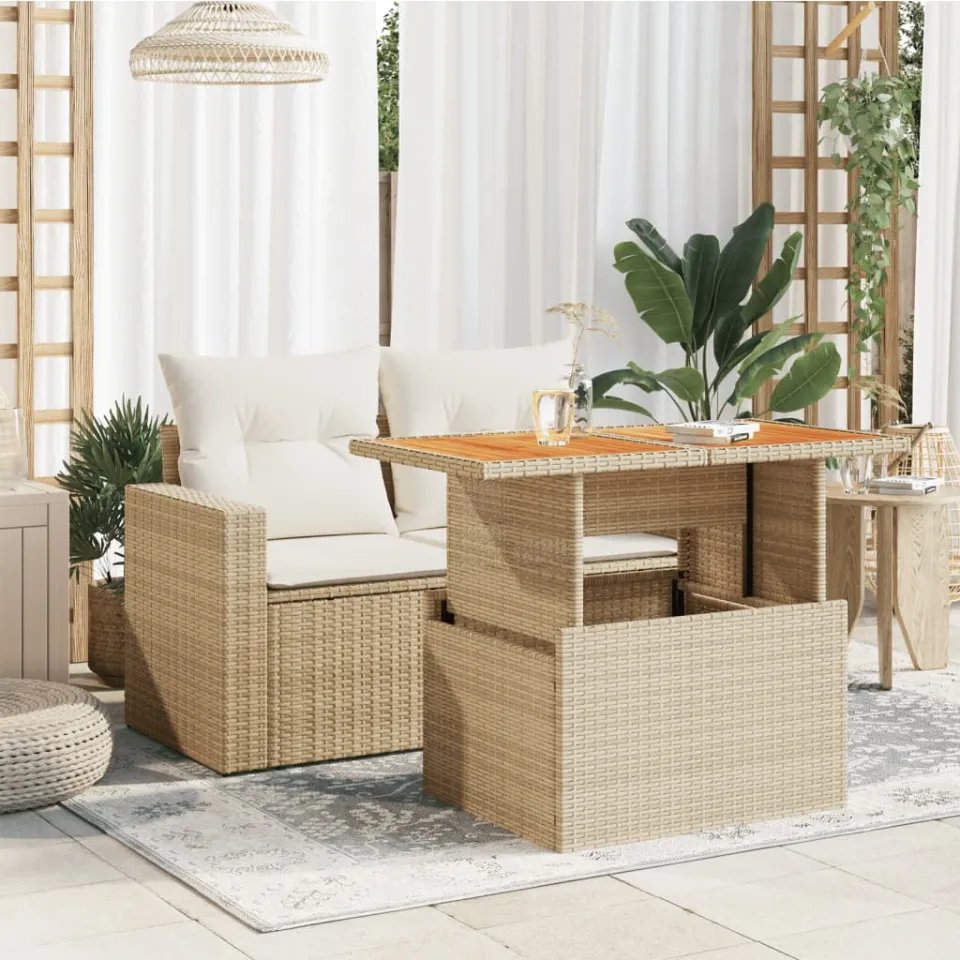 vidaXL Tuintafel 100x55x73 cm poly rattan en acaciahout beige, foto 3