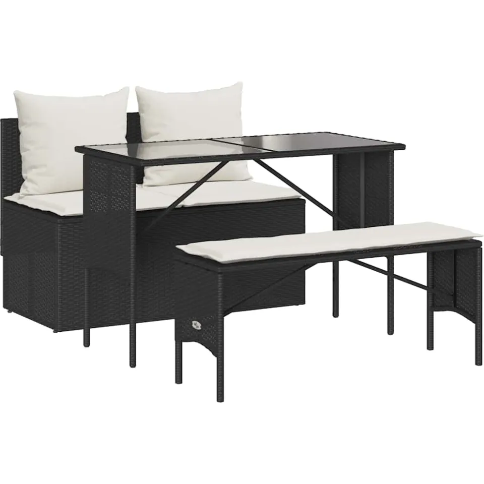 vidaXL 3-delige Tuinset met kussens poly rattan zwart