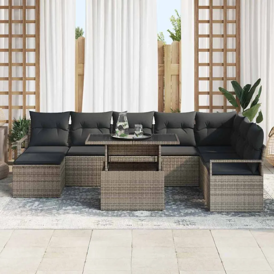 vidaXL Tuin Sofa Set 9 st Grijs Poly riet, foto 3