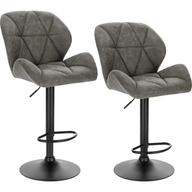 BukkitBow Luxe Barkrukken Lederen Met Rugleuning en Mini Armleuning - Draaibaar en met Voetensteun - (60 - 82CM Zithoogte) - Grijs