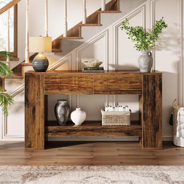 Tribesigns Consoletafel met 2 Laden - Rustieke Bruine Sidetable - Hout - 140 x 30 x 85 cm - Smalle Consoletafel met 2 Niveaus voor Hal, Woonkamer, Entree