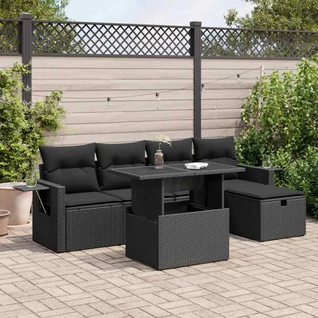vidaXL 6-delige Loungeset met kussens poly rattan zwart, foto 2