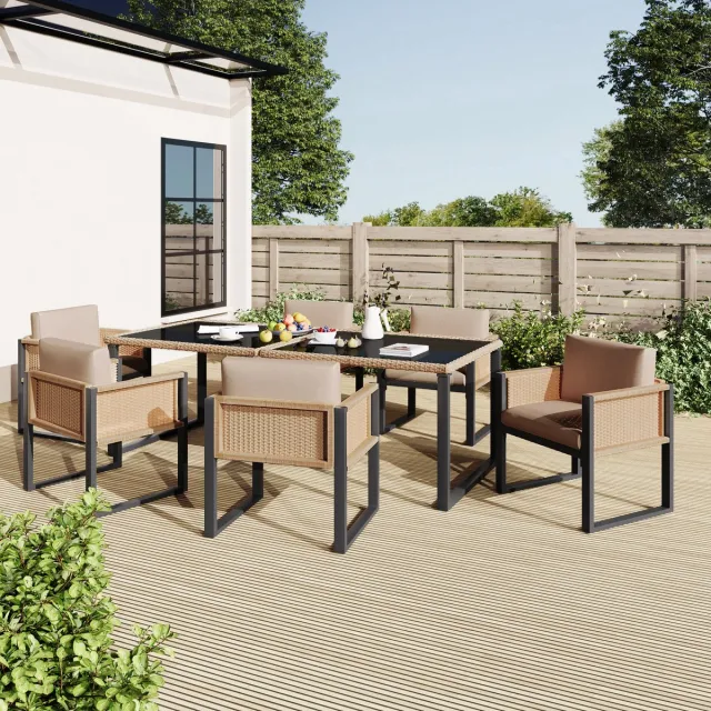 Zubaliya Polyrattan Eetset - 6 Personen - 170x80 cm Glasplaat - 9 cm Kussens - Afneembare Hoezen zwart