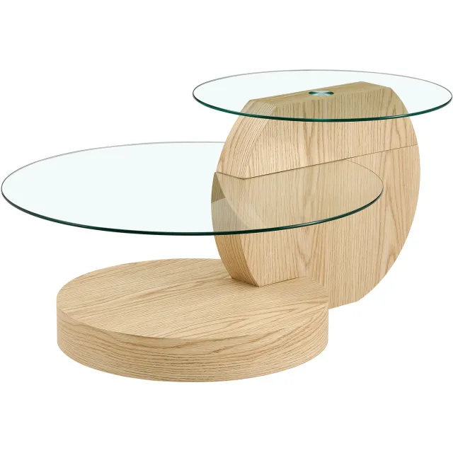 MUVANO Salontafel van veiligheidsglas - Twee niveaus met ronde bladen - MDF onderstel - Diameter 50 en 70 cm - Voor de woonkamer - Lichte houtnerf Lichte houtkleur