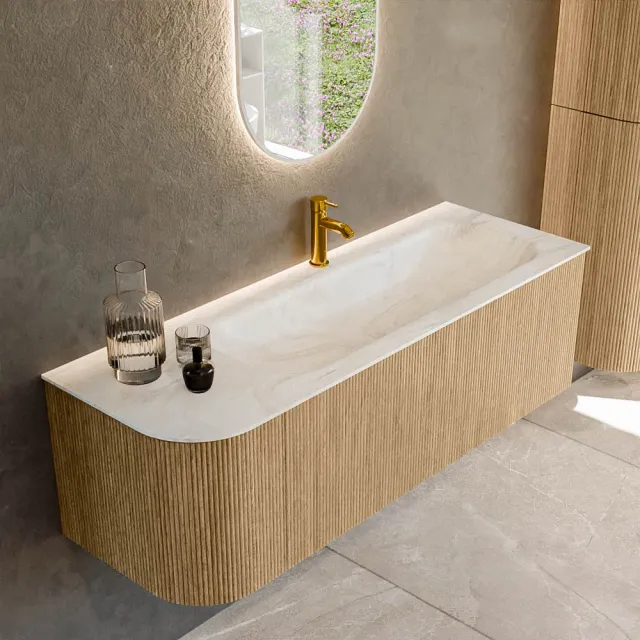 Mondiaz KURVE-DLUX 135 cm Onderkast Greeploos 1 Lade Met Deuren Oak, Wastafel Solid Surface Rechts Ostra 1 Kraangat Zonder Spiegel (KRVBGM135L1L1D1KR-Oak/Ost)
