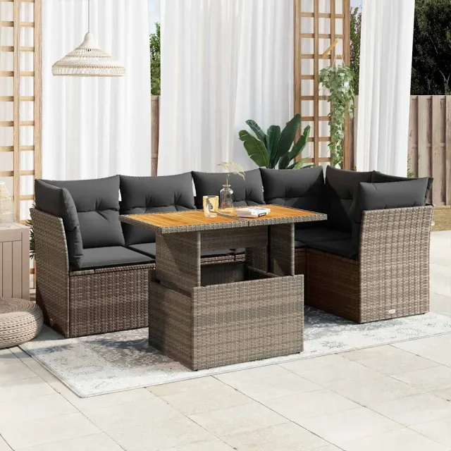 vidaXL 6-delige Loungeset met kussens poly rattan grijs, foto 2