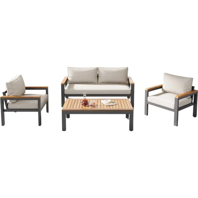Happiq Tuinmeubelset - Loungeset - Tuinlounge Lounge Set - Stevig Gegalvaniseerd Stalen Frame - Acaciahout Tafel en Armleuningen - Beige Kleur