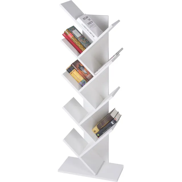 ml-design boekenkast met 8 niveaus in boomvorm, 50x25x140 cm, wit, hout, staande plank voor CD/DVD, staande plank voor woonkamer, kantoor, archiefplank, ruimteverdeler opbergplankorganizer voor boeken