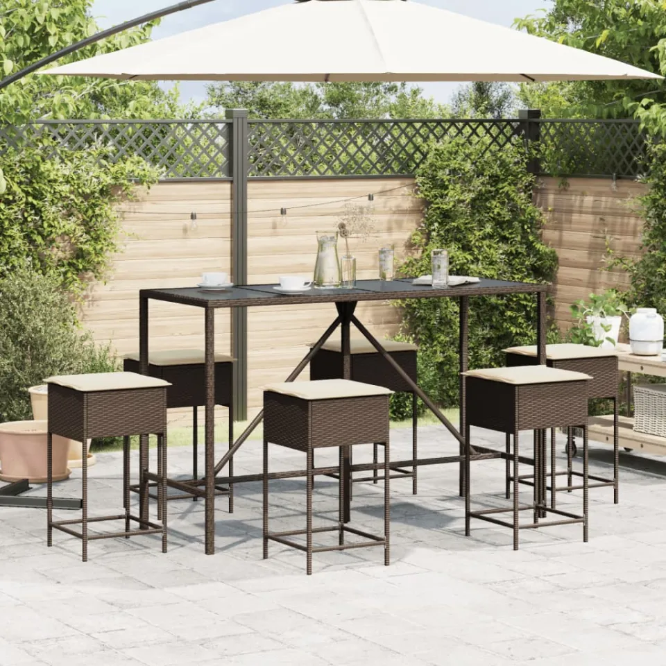 vidaXL 7-delige Tuinbarset met kussens poly rattan bruin, foto 3
