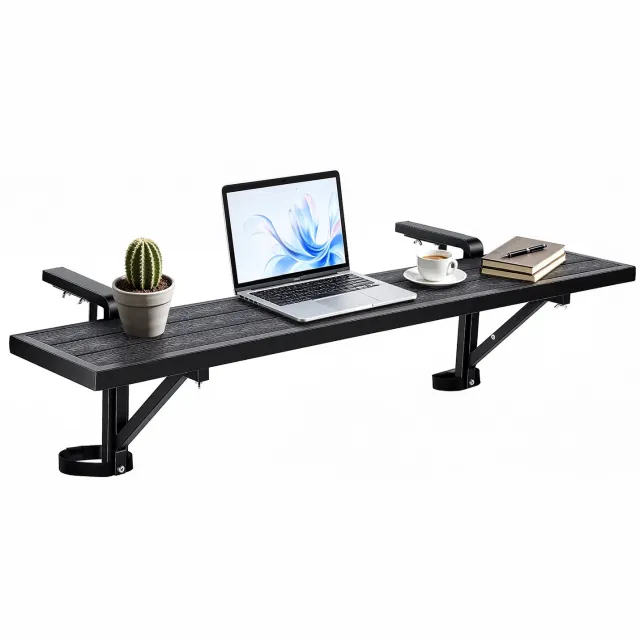 Vevor Hangende Balkontafel 1245x240 mm, 27 Kg, Zwart, voor Terras, Tuin, Veranda, Geschikt voor Relingen van 25–65 mm, Verstelbare Bevestigingsafstand, Hout-Kunststof Composiet Materiaal