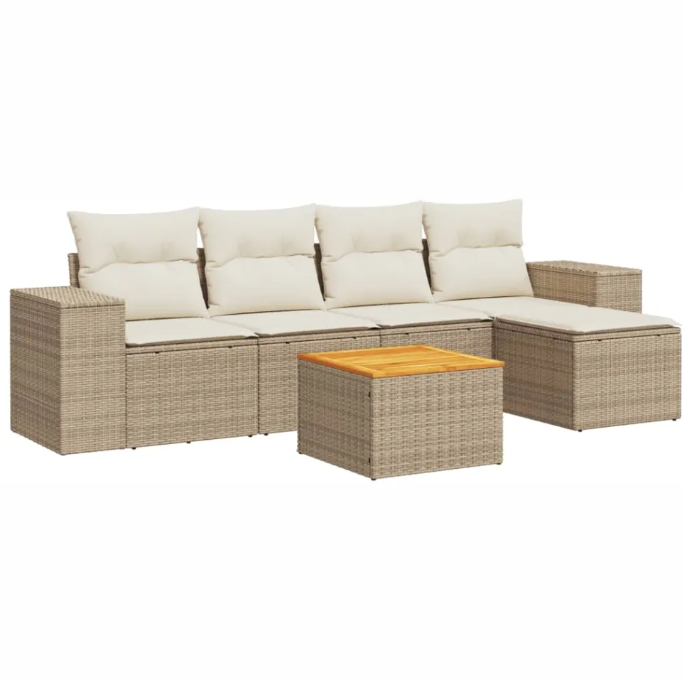 vidaXL 6-delige Loungeset met kussens poly rattan beige, foto 3