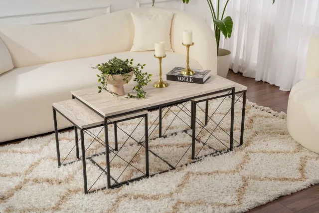 Skye Decor , Salontafelset, Defne - Black, Travertine, Gemelamineerde spaanplaat, Travertin & Zwart, 100 x 50 x 52 cm Travertijn