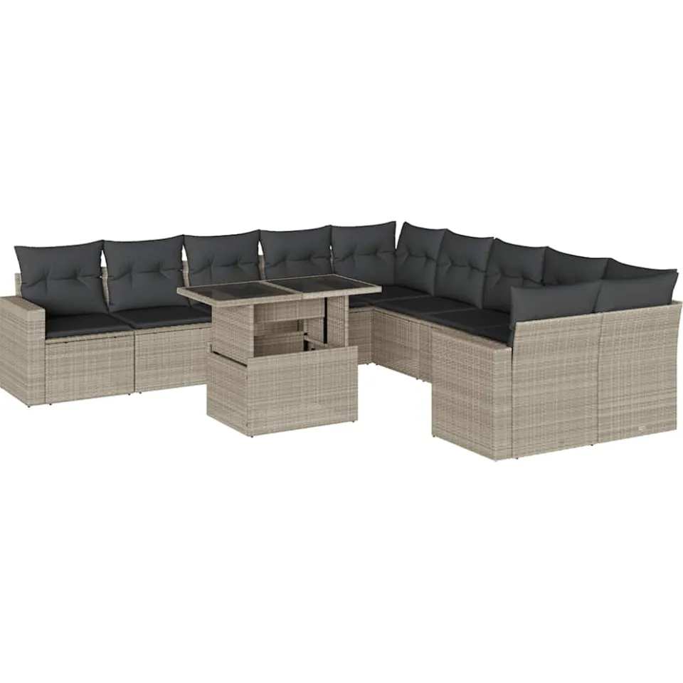vidaXL 11-delige Loungeset met kussens poly rattan lichtgrijs grijs