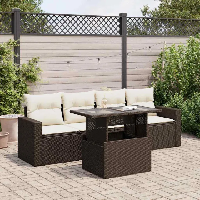 vidaXL 5-delige Loungeset met kussens poly rattan bruin, foto 2