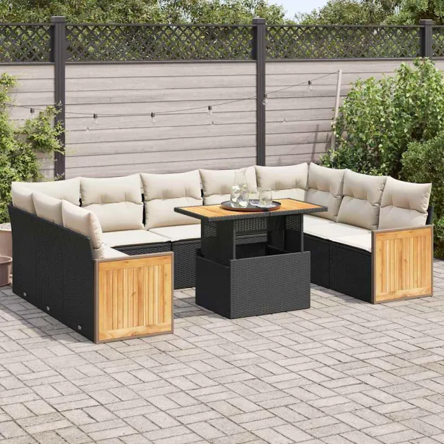 vidaXL 10-delige Loungeset met kussens poly rattan acacia zwart, foto 2