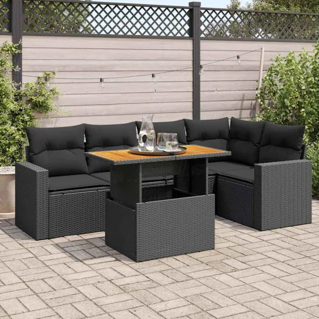 vidaXL 6-delige Loungeset met kussens poly rattan zwart, foto 2