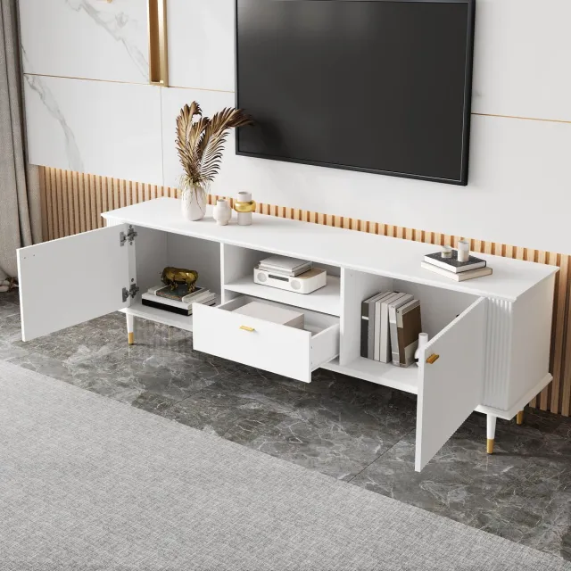 FloraGrace Tv Meubel - Met Kabeldoorvoer En Softclose Deuren - Met Lade En Open Vak Voor Woonkamer - MDF - 170x36x54 Cm - Wit