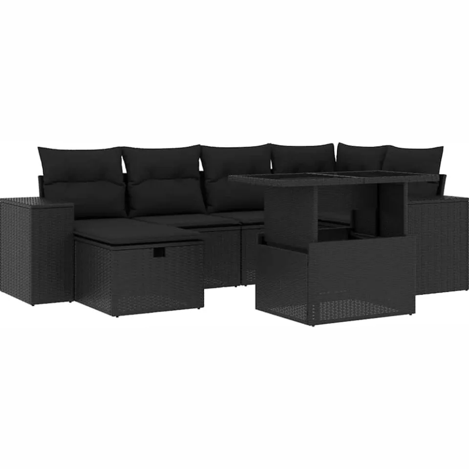 vidaXL 7-delige Loungeset met kussens poly rattan zwart, foto 3