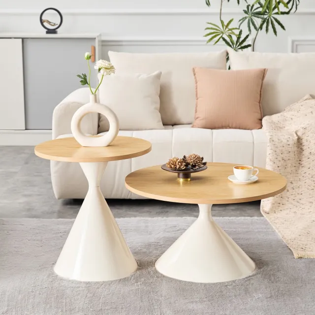 MIVRAY Salontafelset - Ronde Nestbare Salontafels Met Houtlook Blad - Voor Woonkamer Slaapkamer En Kantoor - Metaal En Melamine - Hout En Creme Houtkleur