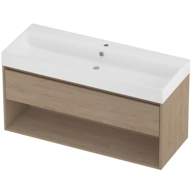 Proline Podium Badmeubelset Polystone Loft 1 Kraangat Met Schap 120x46x62 cm Mat White Ideal Oak Eiken