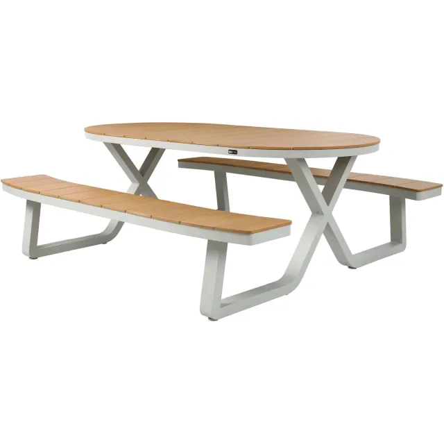 Axi Jax Picknicktafel met 2 banken Ovaal in Sandy Beige met Teak-look Polywood – Gepoedercoat aluminium frame – Tafel en banken met Polywood tafelblad en zitvlak - 200x190cm Offwhite