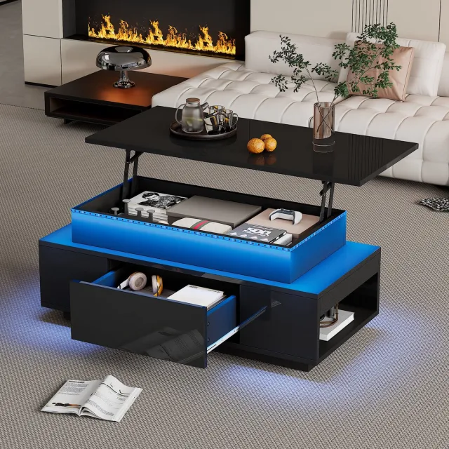 STILVORA Salontafels - Salontafel Met LED Licht En Opbergruimte - Verstelbaar Koffietafel Voor Studie Of Party - 96x45x40 cm - Spaanplaat - Zwart