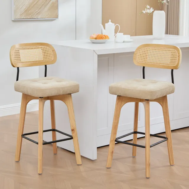 MODENUIT Barkruk 67,5 Cm - 360 Graden Draaibaar Met Rotan Rugleuning - Voor Keukenbar - Chenille - Khaki
