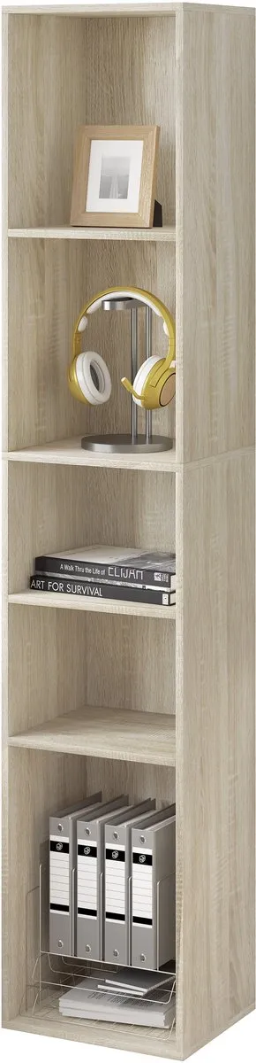 BukkitBow Staande Boekenkast met Open Vakken - 2 Kleine en 3 Grote Vakken - Geschikt voor Woonkamer en Slaapkamer (30X26X151CM) - Licht Eikenhout