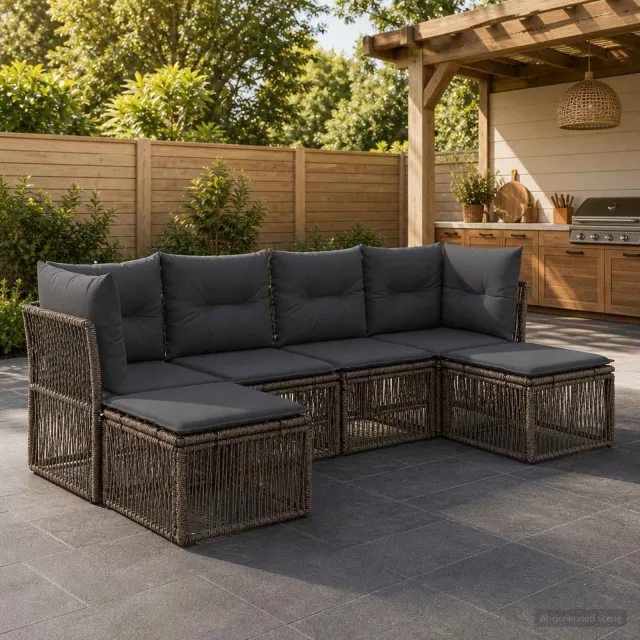 vidaXL Tuinbankenset 6 st 6-zits Grijs poly rattan, foto 2
