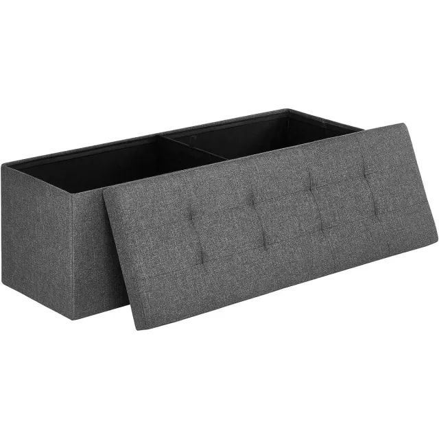LEOBERT Opbergpoef 110 cm – Donkergrijs – Opvouwbare Zitbank met Opbergruimte – Linnenlook Stof