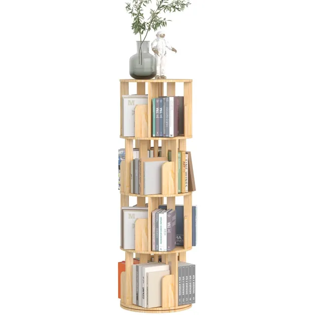 Ibenzoa Draaiende boekenkast van massief hout met vier niveaus voor kinderen en volwassenen Natural