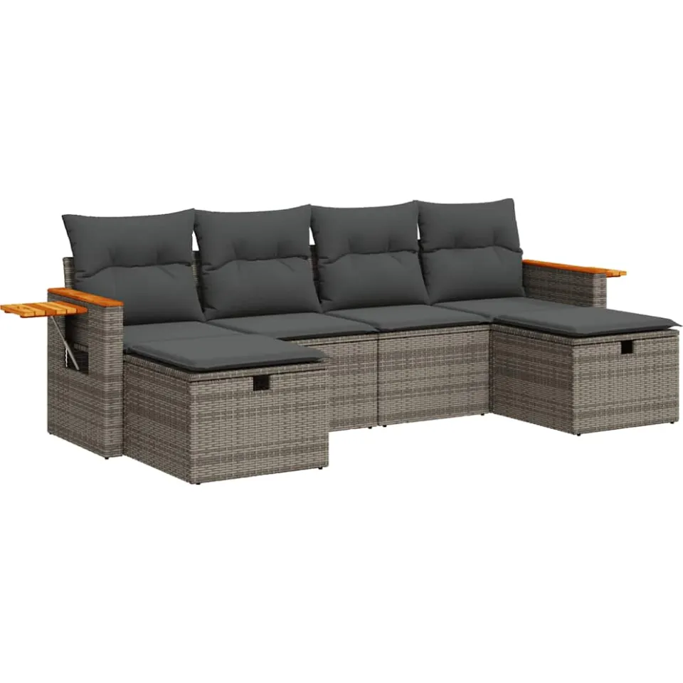 vidaXL 6-delige Loungeset met kussens poly rattan grijs, foto 3