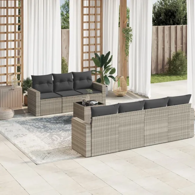 vidaXL 8-delige Loungeset met kussens poly rattan lichtgrijs grijs, foto 2