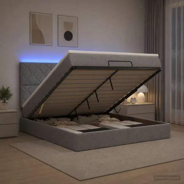 vidaXL Ottoman Bed met Matrassen en LED Lichtgrijs 140 x 190 cm Stof
