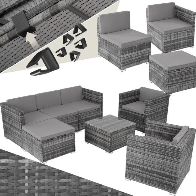 Tectake wicker Loungeset, buitenzitgroep, set met bank, 2 fauteuils, kruk, tafel, vrij combineerbaar, tuinmeubelen voor 5-6 personen, voor tuin, terras, balkon, inclusief kussens - grijs - poly-rattan
