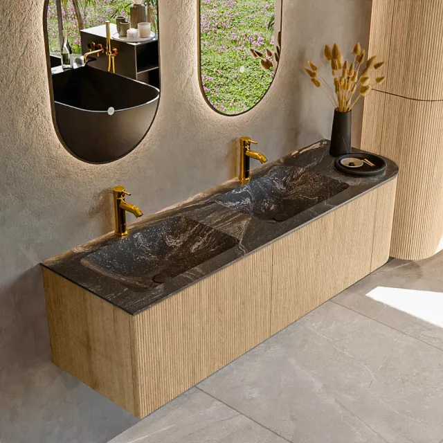 Mondiaz KURVE-DLUX 155 cm Onderkast Greeploos 2 Lades Met Deuren Oak, Wastafel Solid Surface Links Lava 2 Kraangaten Zonder Spiegel (KRVLEA155R2L1D2KD-Oak/Lav)