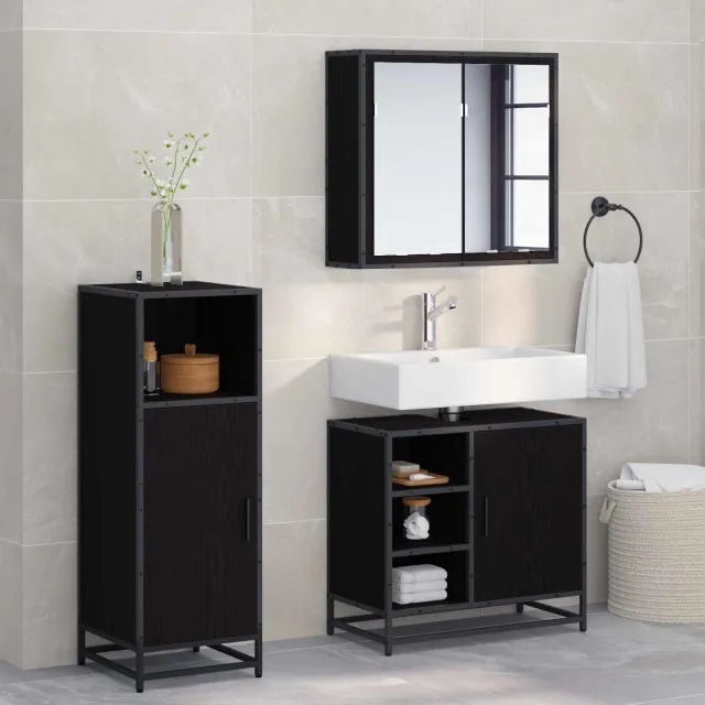 vidaXL Badkamermeubelset 3 st Zwart Eiken 65 x 33 x 60 cm Bewerkt hout, foto 2