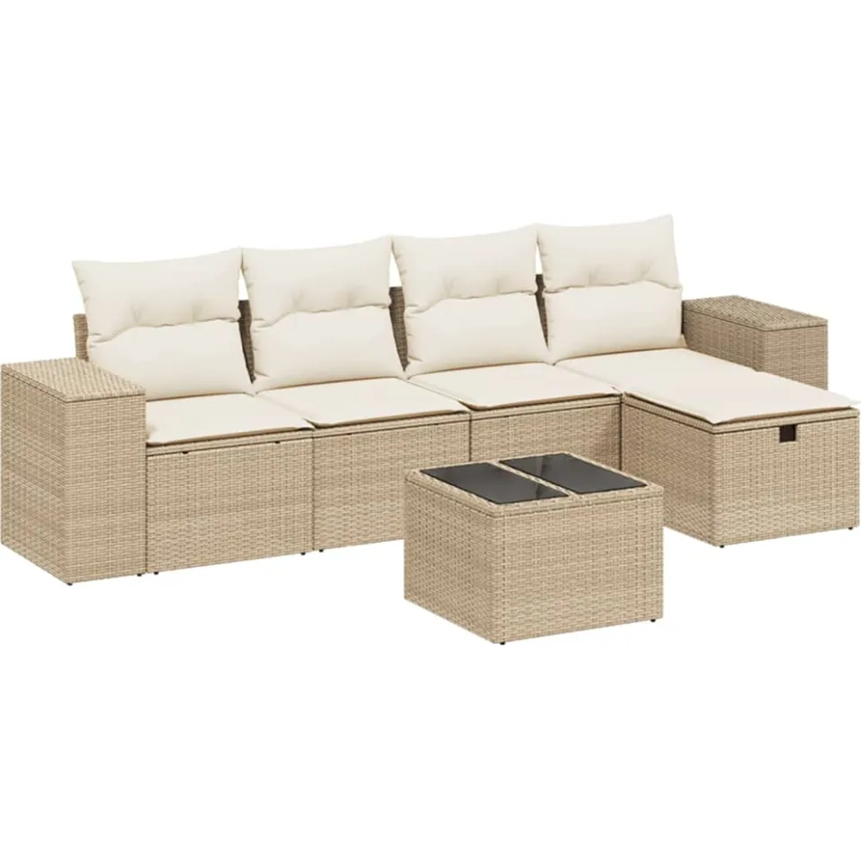 vidaXL 6-delige Loungeset met kussens poly rattan beige