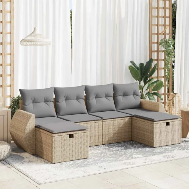 vidaXL 6-delige Loungeset met kussens poly rattan beige, foto 2